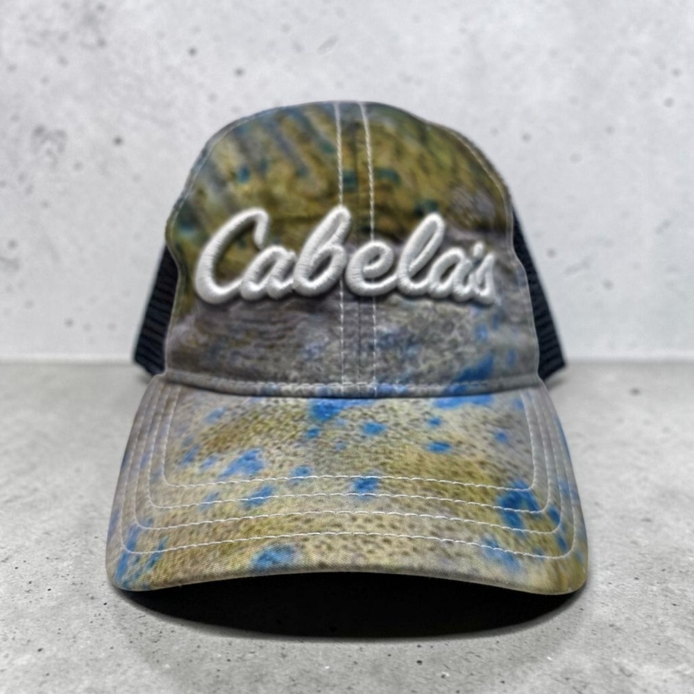 Cabelas Mens Rainbow Trout Fish Print Mesh Back Trucker Hat White Blue Snapback